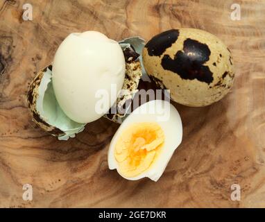 small boiled speckled quail eggs peeled Stock Photo