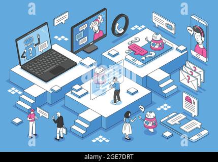 Chatbot isometric concept with communication and feedback symbols vector illustration Stock Vector