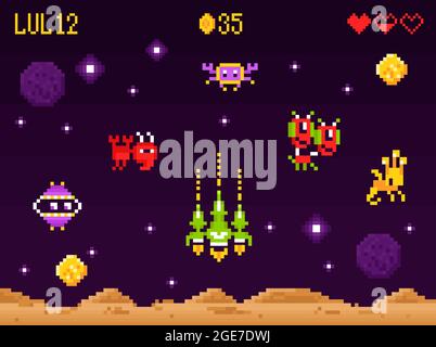Arcade computer game interface pixel art composition with retro space shooter screen aliens and combat spacecraft vector illustration Stock Vector
