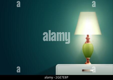 House lighting lamp realistic composition with solid blue wall and bedside table with small designer lamp vector illustration Stock Vector