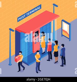 Isometric post terminal queue composition with outdoor view of people standing in line to automated locker vector illustration Stock Vector