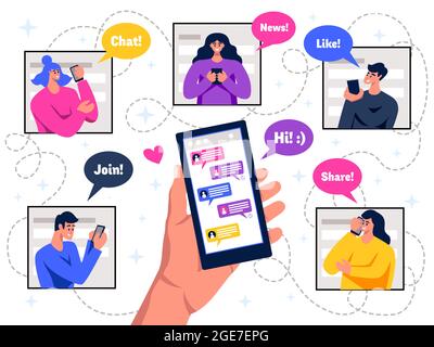 Social network members hands holding mobile live chat messaging flat colorful schema with speech bubbles vector illustration Stock Vector