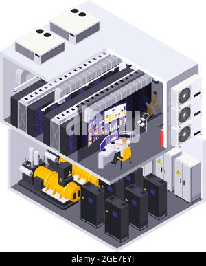 Data center 2 story facility isometric cutaway view with computer equipment servers routers operator desk vector illustration Stock Vector