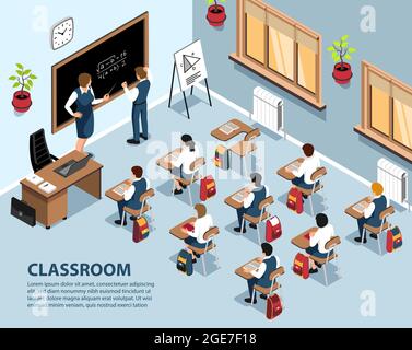 Isometric school background with indoor scenery pupils sitting at desks and teacher solving exercise at blackboard vector illustration Stock Vector