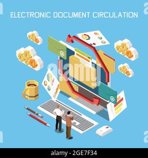Project management isometric composition with editable text and icons of gear clouds folders documents and arrows vector illustration Stock Vector