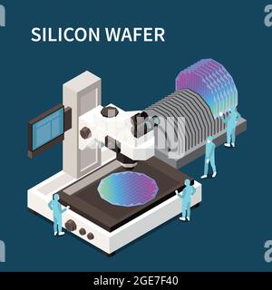 Semiconductor chip production isometric composition with editable text and factory apparatus surrounded by small worker characters vector illustration Stock Vector