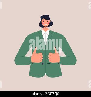 A smiling woman in a business suit shows a thumbs up on both hands. Colorful flat vector illustration on isolated background. Eps 10. Stock Vector