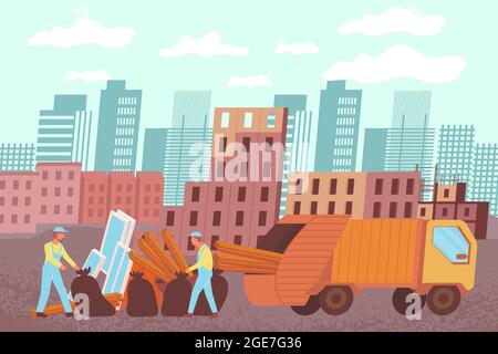 Removal of construction waste composition with flat building site landscape with workers loading rubbish into truck vector illustration Stock Vector