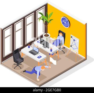 Burnout syndrome isometric composition with tired young woman sleeping in chair at her workplace isometric vector illustration Stock Vector