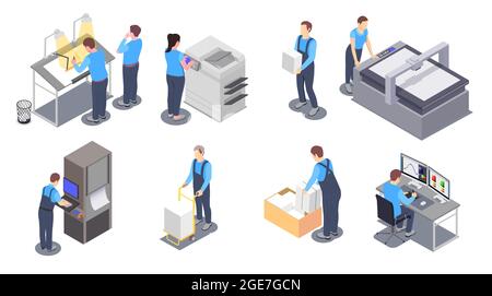 Set with printing house isometric icons with human characters of workers with printing equipment and paper vector illustration Stock Vector