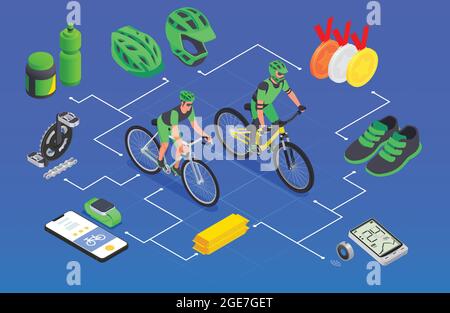 Sport cycling isometric composition with flowchart of bike riders equipment with smartphone trackers and award medals vector illustration Stock Vector