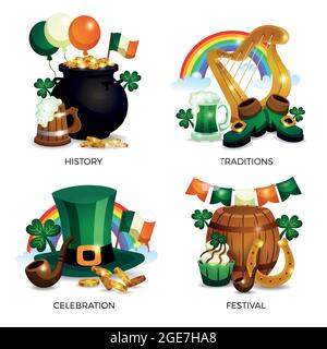 Set of four saint patricks day compositions with text captions and icons with irish holiday symbols vector illustration Stock Vector
