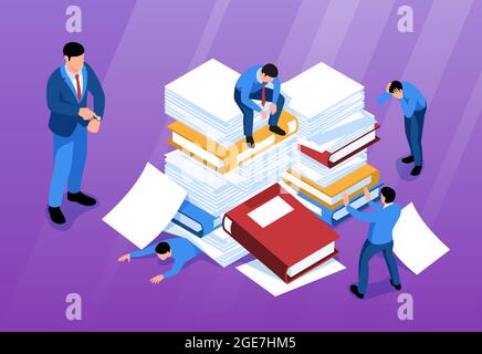 Isometric unorganized office work horizontal composition with human characters of office workers under piles of books vector illustration Stock Vector