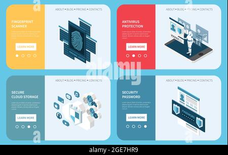 Digital privacy personal data protection set of four horizontal banners with isometric icons and page buttons vector illustration Stock Vector