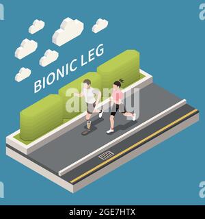 Technology for disabled people isometric composition with text and view of park lane with running people vector illustration Stock Vector