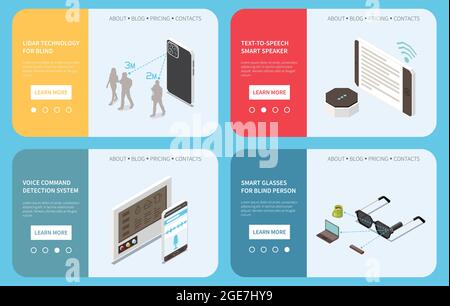 Technology for disabled people isometric set of four horizontal banners with editable text and page buttons vector illustration Stock Vector