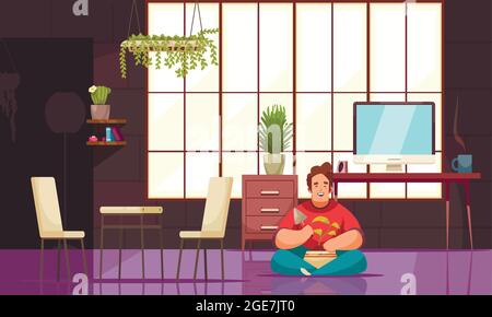 Male character in home interior taking care of houseplant growing in pot flat background vector illustration Stock Vector