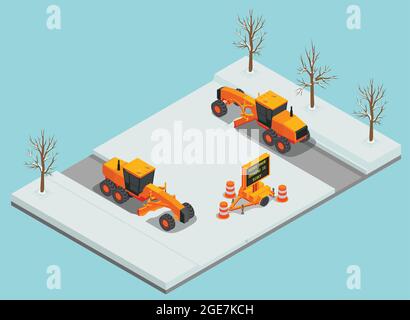 Snow cleaning removal machinery isometric composition with view of clearing vehicles on road with traffic cones vector illustration Stock Vector