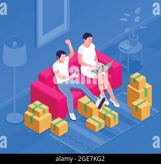 Online sale outlet isometric composition with two persons sitting on sofa with gadgets and carton boxes vector illustration Stock Vector