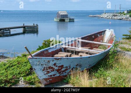 Fisherman huts and old boats in Blue Rocks community, Nova Scotia, Canada Stock Photo