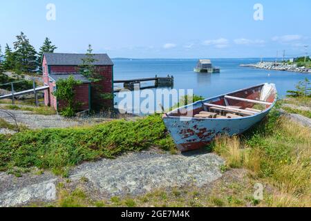 Fisherman huts and old boats in Blue Rocks community, Nova Scotia, Canada Stock Photo