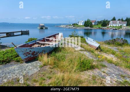 Fisherman huts and old boats in Blue Rocks community, Nova Scotia, Canada Stock Photo