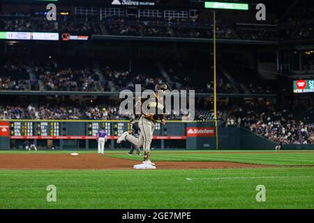 San Diego Padres outfielder Trent Grisham (2) hits a home run during an MLB regular season game against the Colorado Rockies, Monday, August 16, 2021, Stock Photo