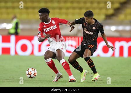 Monaco, Monaco, 17th August 2021. Aurelien Tchouameni of AS Monaco and Pedrinho of FC Shakhtar Donetsk during the UEFA Champions League match at Stade Louis II, Monaco. Picture credit should read: Jonathan Moscrop / Sportimage Stock Photo