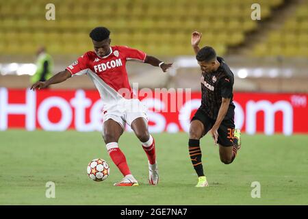 Monaco, Monaco, 17th August 2021. Aurelien Tchouameni of AS Monaco and Pedrinho of FC Shakhtar Donetsk during the UEFA Champions League match at Stade Louis II, Monaco. Picture credit should read: Jonathan Moscrop / Sportimage Stock Photo