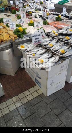 BOLTON. GREATER MANCHESTER. ENGLAND. 05-06-21. Ashnurner Street Market. Fresh Fish for sale. Stock Photo