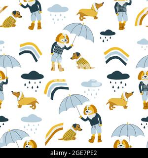 Vector seamless pattern with dogs, umbrella, rain drops and rainbows. Autumn weather. Dog hold umbrella, dog cloth vector illustration Stock Vector