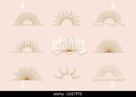 Vector Sun set of linear boho icons and symbols, gold sun logo design templates, abstract design elements for decoration in modern minimalist style Stock Vector