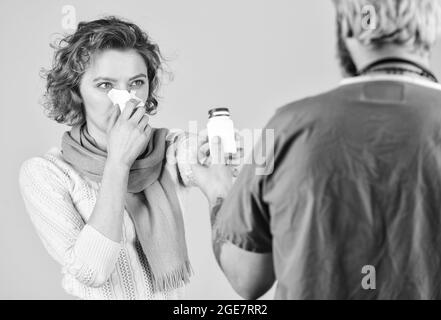 Instruction taking medicines. Doctor prescribing treatment. Consultation concept. Pneumonia treatment. Effective medicines. Girl viral disease Stock Photo