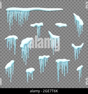 Set of realistic borders with snow and icicles. Elements for christmas design over transparent background, vector illustration Stock Vector