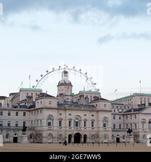 London, Greater London, England, August 10 2021: Dramatic sky above Horse Guards Parade and the London Eye. Stock Photo