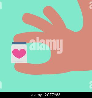 Hand holding a little pot with a heart inside it. Conceptual. Stock Vector