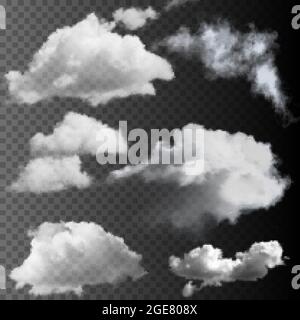 Big set of transparent clouds. Realistic vector design elements. Stock Vector
