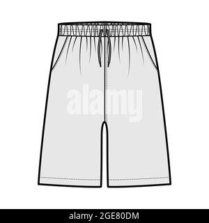 Shorts Sport training Bermuda Activewear technical fashion illustration with elastic low waist, rise, drawstrings, pockets, Relaxed fit, mid-thigh length. Flat front, grey color. Women men unisex CAD Stock Vector