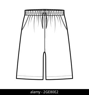 Shorts Sport training Bermuda Activewear technical fashion illustration with elastic low waist, rise, drawstrings, Relaxed fit, mid-thigh length. Flat bottom apparel front, white color. Women men CAD Stock Vector