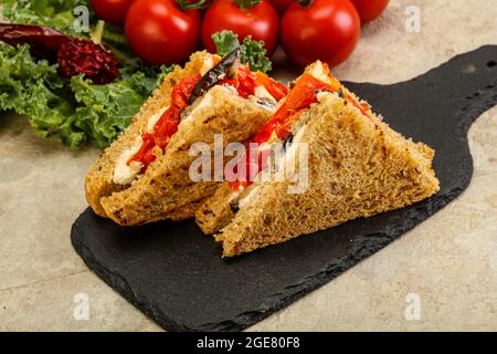 Vegetarian Club sandwich with eggplant and cheese Stock Photo