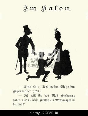 Vintage German cartoon, silhouettes in the salon, Man proposing to a woman, 19th Century Stock Photo