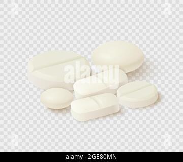 Collection of oval, round and capsule shaped tablets. Medicine and drugs. Realistic medical pills isolated on white background. Vector illustration. Stock Vector