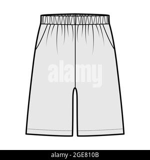 Shorts Sport training Bermuda Activewear technical fashion illustration with elastic low waist, rise, pockets, Relaxed fit, mid-thigh length. Flat bottom apparel front grey color. Women men unisex CAD Stock Vector