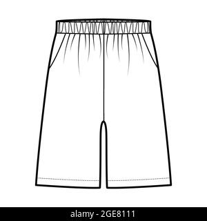 Shorts Sport training Bermuda technical fashion illustration with elastic low waist, rise, pockets, Relaxed fit, mid-thigh length. Flat bottom apparel front, white color. Women men unisex CAD mockup Stock Vector