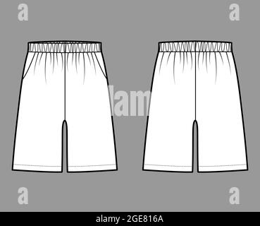 Shorts Sport training Bermuda Activewear technical fashion illustration with elastic low waist, Relaxed fit, mid-thigh length. Flat bottom apparel front, back, white color. Women men unisex CAD mockup Stock Vector