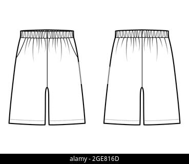 Shorts Sport training Bermuda Activewear technical fashion illustration with elastic low waist, rise, pockets, mid-thigh length. Flat bottom apparel front, back, white color. Women men unisex mockup Stock Vector