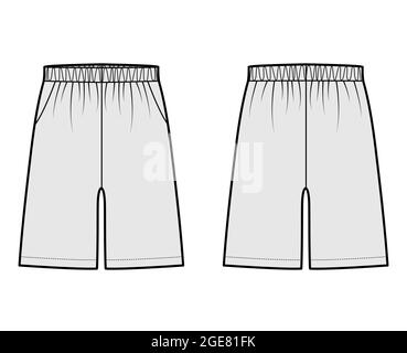 Shorts Sport training Bermuda Activewear technical fashion illustration with elastic low waist, rise, pockets, Relaxed fit, mid-thigh length. Flat apparel front, back grey color. Women men unisex CAD Stock Vector