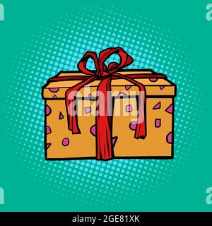 Gift box with a red ribbon on a pop art background. A holiday surprise, a purchase. Christmas, birthday or wedding Stock Vector