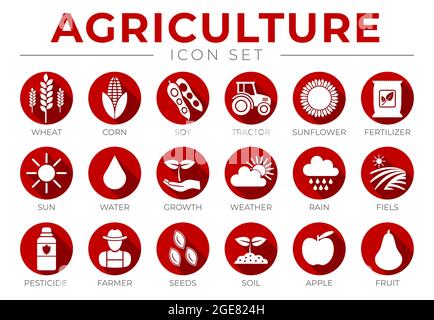 Red Agriculture Round Icon Set of Wheat, Corn, Soy, Tractor, Sunflower, Fertilizer, Sun, Water, Growth, Weather, Rain, Fields, Pesticide, Farmer, Seed Stock Vector