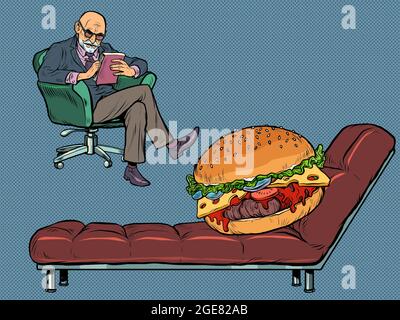 A psychotherapy session with a burger. Overeating and obesity problems Stock Vector